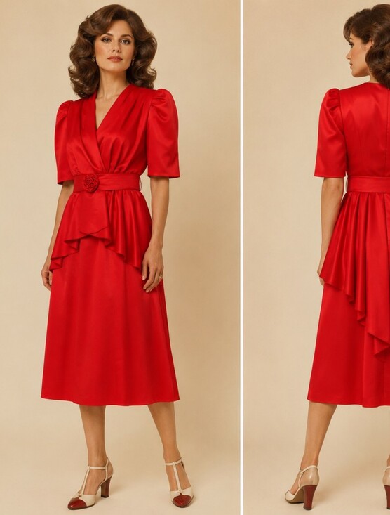 Nu-Mode Dresses & Skirts - 70's NU-MODE💋True Deep Red V‑Neck Midi Dress with Rosette Belt Back Zip Sz S